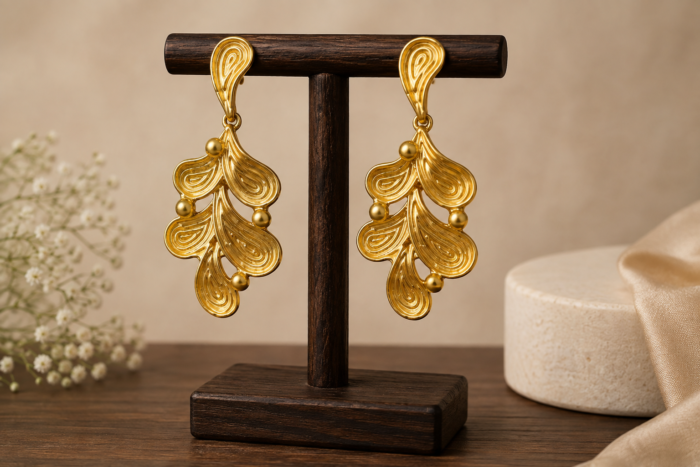 Gold Leaf Statement Earrings for Women – Textured Botanical Long Dangle Drop Earrings